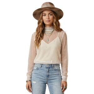 UPS & DOWNS Sheer Mesh Lace Blouse Pearl Embellished White Mock Neck Top Large